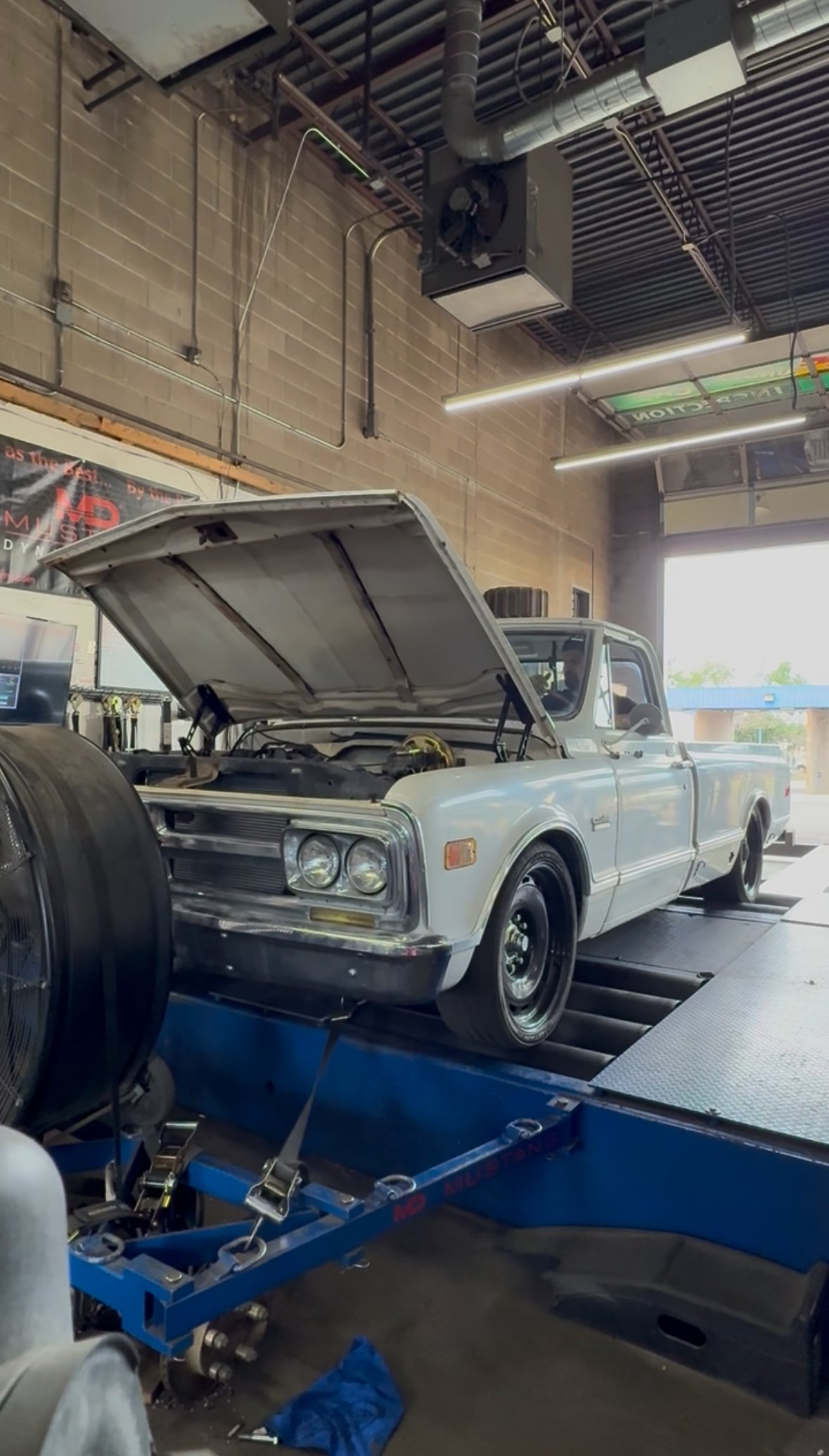 White Chevy C10 on the dyno