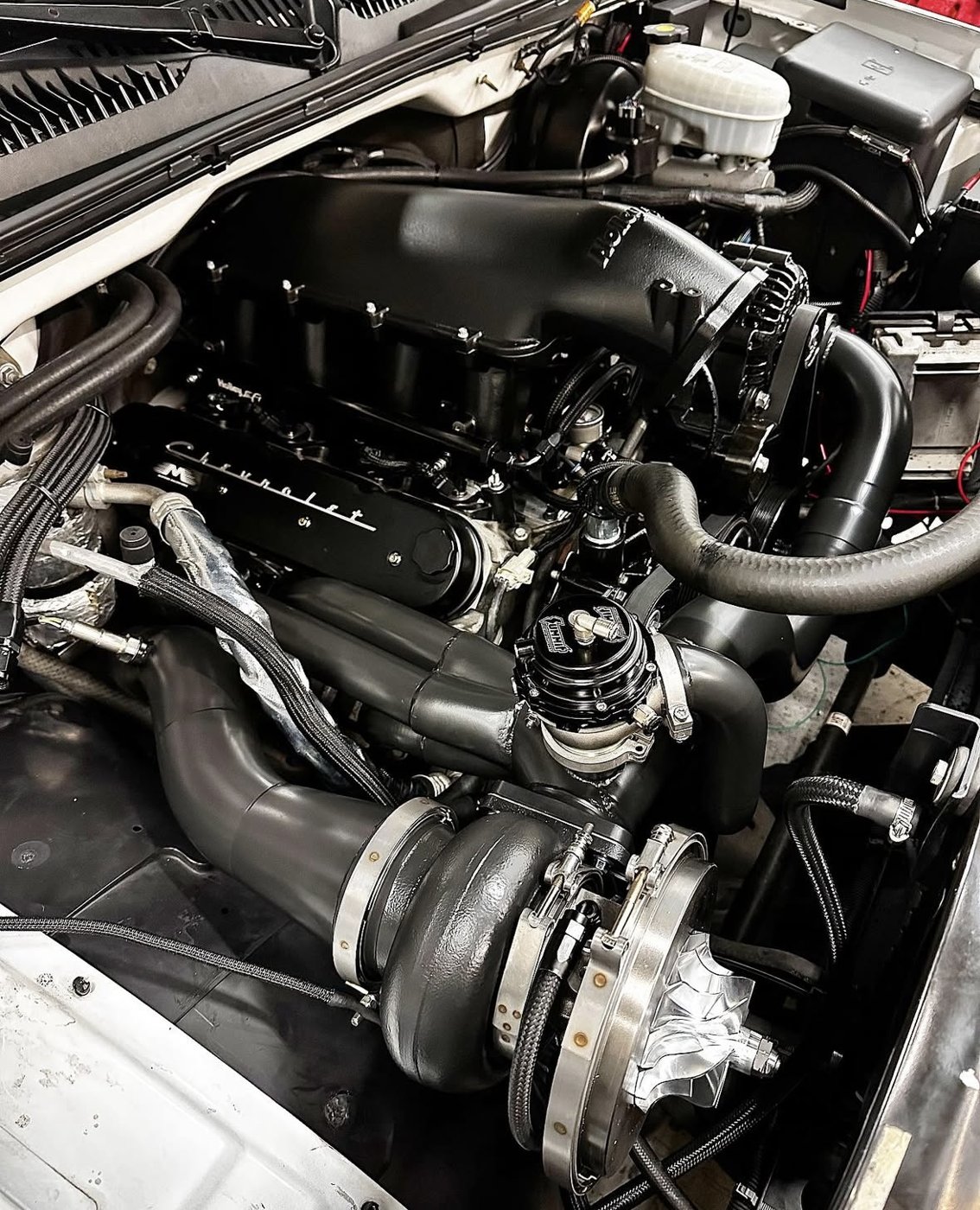 Turbocharged Chevrolet V8 in a truck engine bay